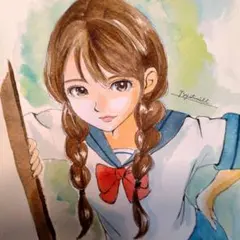 手描きイラストA4　水彩画『放課後』