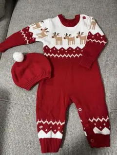 トナカイ柄ロンパースと帽子セット