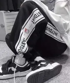 韓国 古着風 イラストロゴライン ワイド スウェット トレーナー イージーパンツ