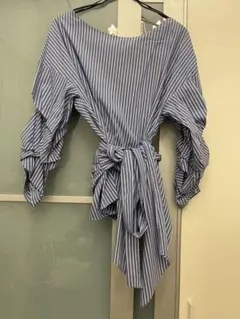 ZARA WOMAN 青と白のストライプ ラップシャツ Lサイズ