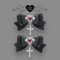 ヘアクリップ　リボン　十字架　量産型　地雷　ゴシック　ゴスロリ　推し 黒　赤