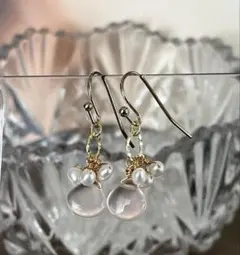 14kgf 天然石ピアス ローズクォーツ　淡水ベビーパール