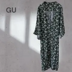 【GU】フラワープリントガウン 七分袖 レーヨン 総花柄 スリット 紐あり