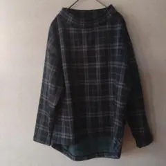 ニコアンドネイビー系チェック柄ハイネック裏起毛長袖カットソー