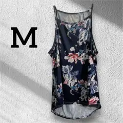 ネイビー花柄ノースリーブチュニック【M】