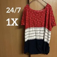24/7【1X】赤白 紺 星柄 半袖Tシャツ ストライプ ツイストヘム おしゃれ