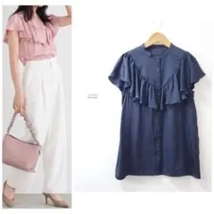 訳あり☆22SS☆アナイ レーヨン ソフト サテン フリル ブラウス ネイビー