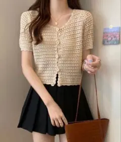 ◼️新品◼️Beststore フレンチレトロ抜き襟透かし編みニットカーディガン