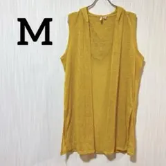 マスタードイエロー フード付きベスト【M】ノースリーブ 羽織り 透け感 薄手