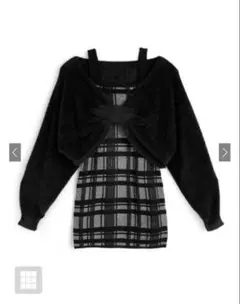 リボンシャギートップス×チェック柄キャミソールミニワンピースニットセットアップ