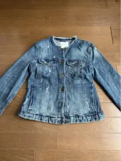 ZARA ノーカラー フリンジ仕上げ デニムジャケット