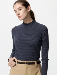 ユニクロ リブハイネックt ボーダー ネイビー Lサイズ 長袖 5/14まで出品