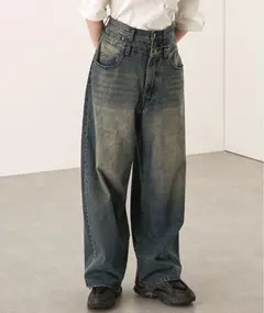 AlfredAlexヴィンテージメイクダブルウエストワイドテーパードデニムパンツ