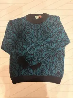 青と黒の幾何学模様ニットセーター　メンズ　レディース