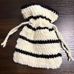編み物ポーチ 巾着 ボーダー （白/黒） No.005