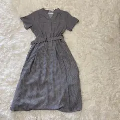 【GLACIER】ギンガムチェック/半袖ワンピース(L)Vネック/腰ベルト付き