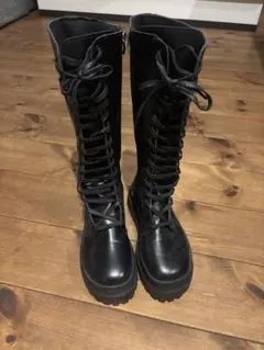 ブラック 厚底ロングブーツ レースアップ