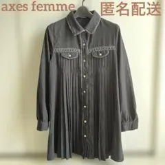axes femmeプリーツ長袖チュニックワンピ　黒×グレーレース　ストーン