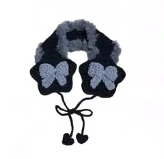 編み物　耳あて　イヤーマフ　星　黒　ブラック