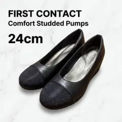 【美品】FIRST CONTACT パンプス 24cm ネイビー ビジュー 厚底のサムネイル