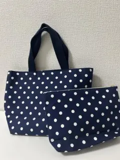 ハンドメイド　ドット柄　ハンドバッグ&ポーチ　紺色