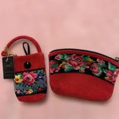 FEILER 赤 花柄刺繍 ポーチ2点セット
