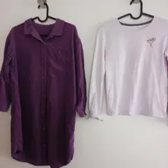紫のコーデュロイシャツワンピース 長袖 ラベンダー長袖シャツ ２点セット