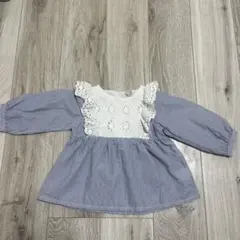 プティマイン　ストライプ柄　長袖ブラウス 100cm ブルー　ネイビー