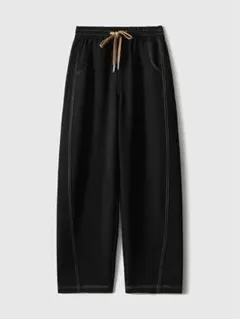 ブラック ワイドパンツ 調整可能な紐付き 裏ボアパンツ 裏起毛パンツ