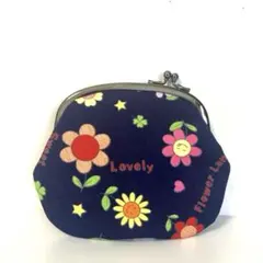 ネイビー/カラフルなお花＆スマイル柄のがま口ポーチ