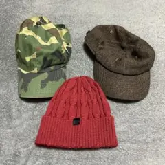 迷彩キャップ・ブラウンハット・レッドニット帽セット
