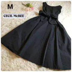【良品】セシルマクビー　ウエストリボンノースリーブコットンワンピース　Мブラック