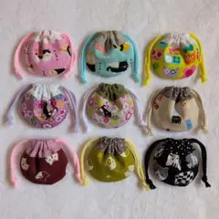 猫柄　小さなまんまる巾着セット