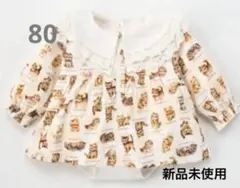 猫柄レース襟長袖ワンピース 80cm