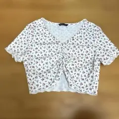半袖 カットソー 花柄 Vネック　Tシャツ ショート丈　トップス　レディースのサムネイル