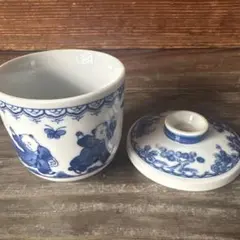 昭和レトロ　茶碗蒸し器　青白磁 蓋付き容器 子供の絵柄　5個セット