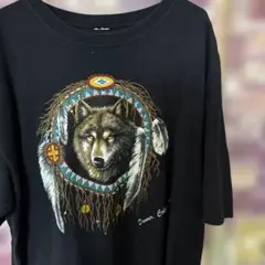 狼デザイン ドリームキャッチャー　ブラック アニマルTシャツ