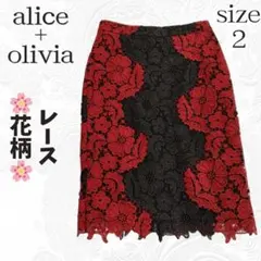 アリス & オリビア　花柄 レース タイト スカート レッド ブラック サイズ2のサムネイル
