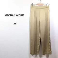 GLOBAL WORK パンツ M ベージュ ワイド タック 光沢 ポリエステル