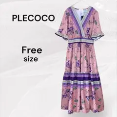 PLECOCO 新品 花柄 フリル Vネック ロングワンピース 蝶々 バタフライ