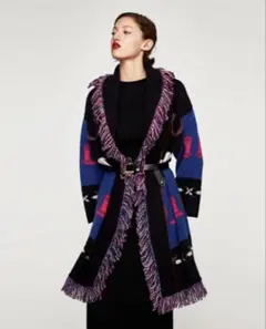 ZARA　エスニック　ジャガード　フリンジ　ニットコート　カーディガン