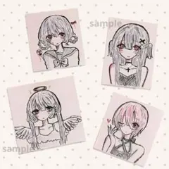 【一点物・4枚セット】イラスト　絵　手描き　オリジナルイラスト　女の子