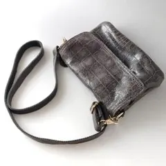 極上本革 クロコ型押し レザーポシェット グレー 多機能 ショルダーバッグ