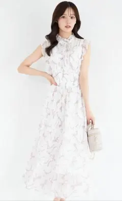 リボン＆フリル付きウエストシャーリングリボンプリントプリーツワンピース　Gピンク