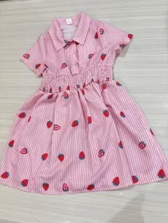 いちご柄 ワンピース 4Y ピンク ストライプ 半袖 女の子 夏服 可愛い