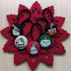 クリスマス　ねこ　ネコ　猫　くるみボタン　ヘアゴム22mm5個セット