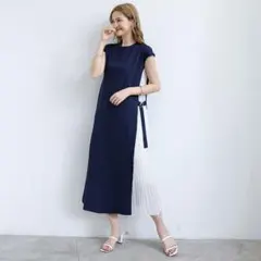 ワンピース 夏服 レディース ノースリーブ サイドプリーツ QVC ネイビー
