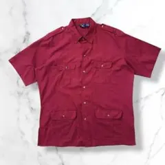 サファリシャツ フィッシングシャツ4ポケット半袖シャツエポレットXL赤レッド古着
