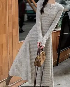 【新品】リブ編み長袖ニットワンピース　グレー