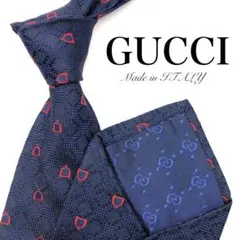 【美品】GUCCI ネクタイ 総柄 ネイビー 紺 100%シルク 絹